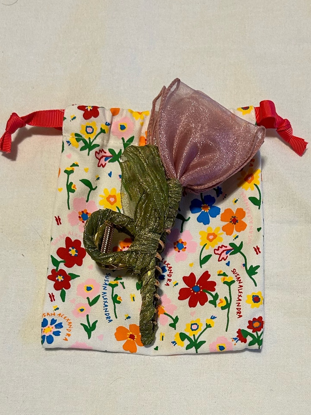 Susan Alexandra Pink Sheer Flower Hair Clip with Green Velvet Stem